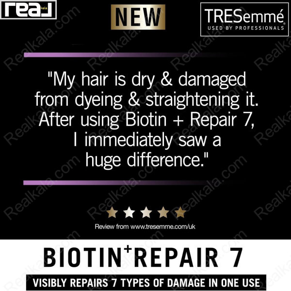 بنر تبلیغاتی Biotin Repair 7 با نقل‌قول تجربه مصرف و تاکید بر ترمیم ۷ نوع آسیب در یک‌بار استفاده