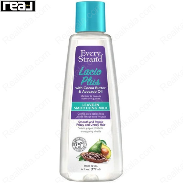 شیر موی بدون آبکشی Every Strand Lacio Plus Leave‑In Smoothing Milk حاوی کره کاکائو و روغن آووکادو برای نرم کردن و ترمیم موهای وز و آسیب‌دیده حجم 177 میلی‌لیتر