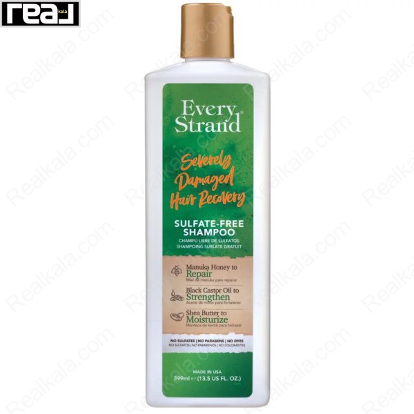 شامپو Every Strand Severely Damaged Hair Recovery Sulfate‑Free Shampoo حاوی عسل مانوکا، روغن کرچک سیاه و شی باتر برای ترمیم و آبرسانی موهای بسیار آسیب‌دیده حجم 399 میلی‌لیتر