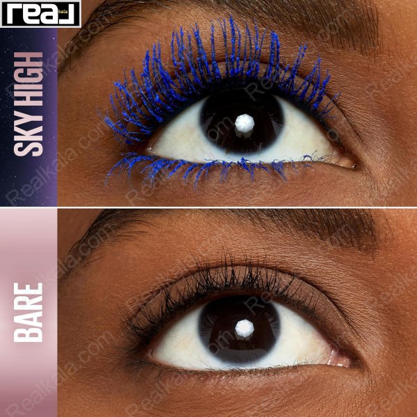 نتیجه استفاده از ریمل اسکای های میبلین رنگ آبی
