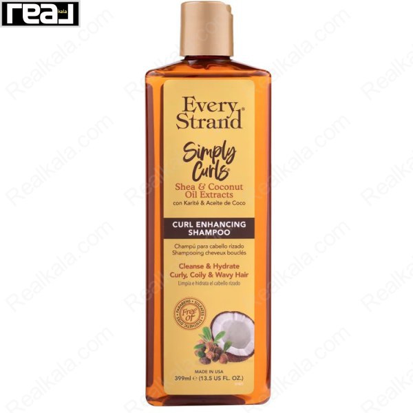 نمای محصول شامپو Every Strand Simply Curls Shea & Coconut Oil Curl Enhancing Shampoo مناسب موهای فر و موج‌دار حجم 399 میلی‌لیتر