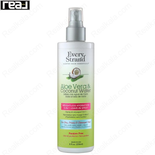 اسپری بدون آبکشی Every Strand Aloe Vera & Coconut Water 5‑in‑1 Leave‑In Spray برای آبرسانی سبک و کنترل وز موهای خشک و آسیب‌دیده حجم 236 میلی‌لیتر