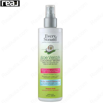 اسپری بدون آبکشی Every Strand Aloe Vera & Coconut Water 5‑in‑1 Leave‑In Spray برای آبرسانی سبک و کنترل وز موهای خشک و آسیب‌دیده حجم 236 میلی‌لیتر