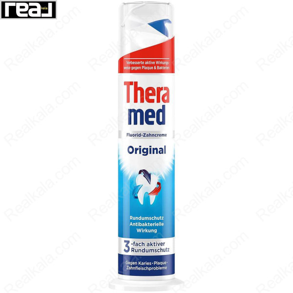 خمیر دندان Theramed Original با فرمول فلوراید و محافظت سه‌گانه برای مقابله با پوسیدگی، پلاک و باکتری‌ها