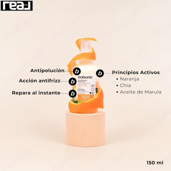 اسپری ضد آلودگی و ضد وز باباریا Nutritive & Repair با ترکیبات فعال پرتقال، چیا و روغن مارولا برای ترمیم سریع مو