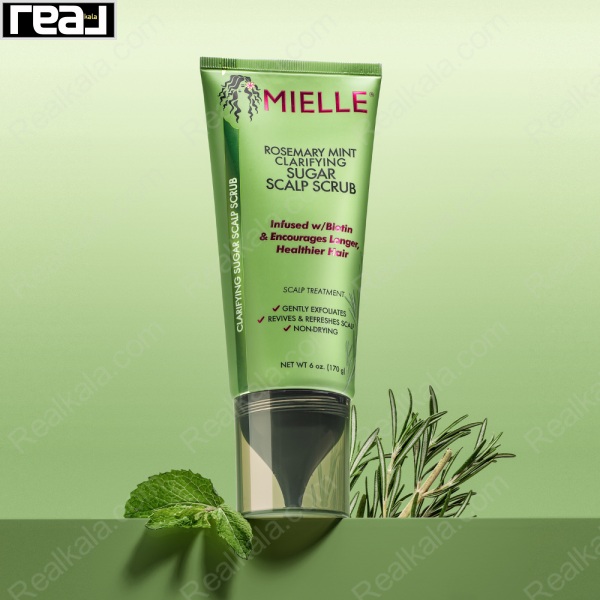 تیوپ اسکراب شکر رزماری و نعناع میله روی پایه استوانه ای در کنار برگ های طبیعی نعناع و شاخه رزماری