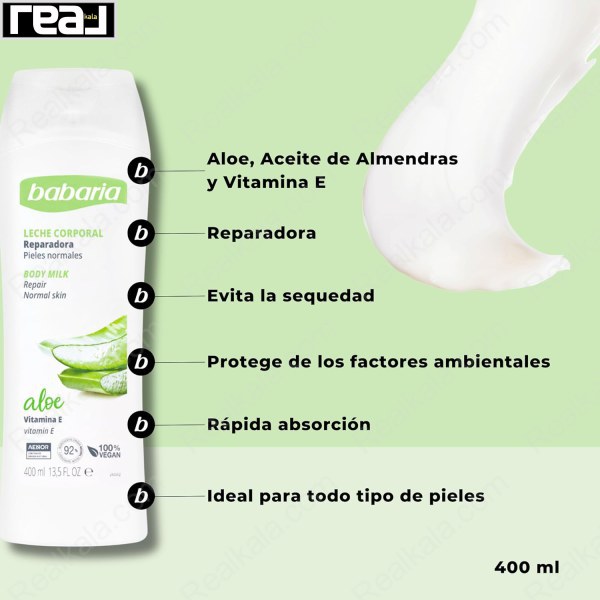 ویژگی‌های لوسیون بدن Babaria Aloe Vera Repair شامل آلوئه‌ورا، روغن بادام، ویتامین E، خاصیت ترمیمی، جلوگیری از خشکی و جذب سریع، حجم 400 میلی‌لیتر