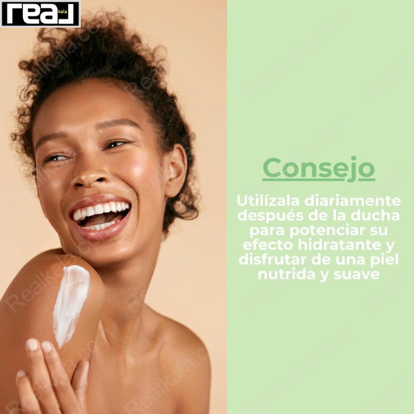 نحوه استفاده از لوسیون بدن Babaria Aloe Vera Repair همراه فردی که روی شانه خود لوسیون می‌زند، مناسب نمایش کاربرد محصول و تاثیر آبرسانی