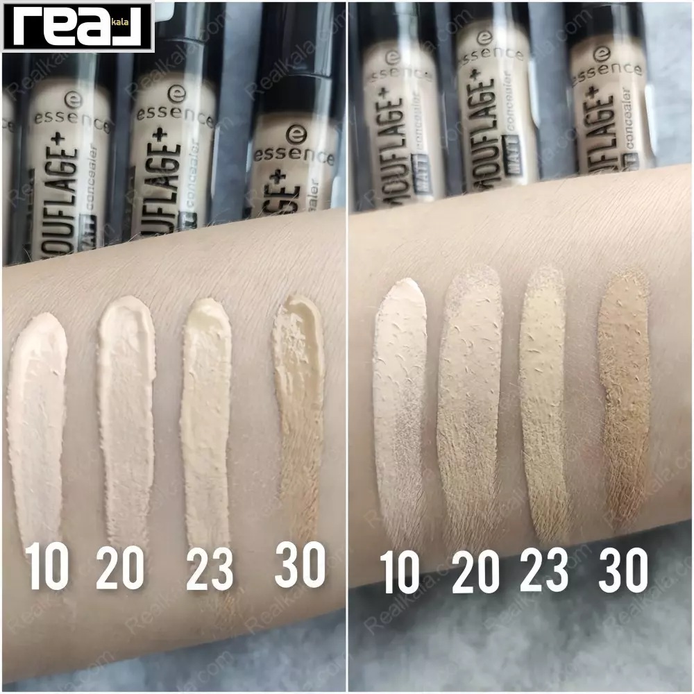 مقایسه چهار رنگ کانسیلر Essence Camouflage قبل و بعد از فید شدن روی پوست