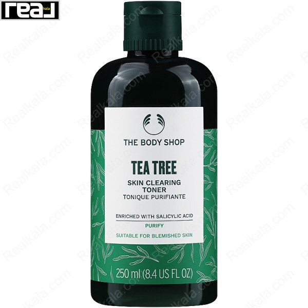 بطری سبز تونر تی‌ تری The Body Shop با برچسب سفید و سبز