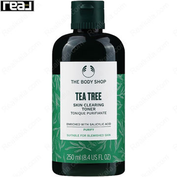 بطری سبز تونر تی‌ تری The Body Shop با برچسب سفید و سبز