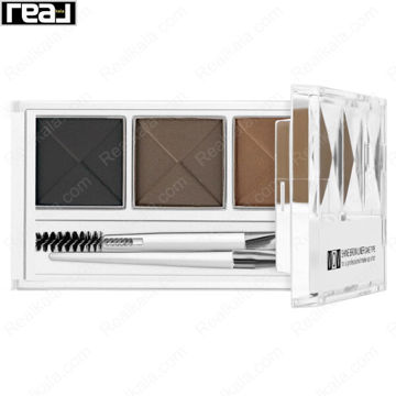 پالت سه رنگ سایه ابرو VOV با سه پن مربع در رنگ‌های مشکی، قهوه‌ای متوسط و قهوه‌ای روشن داخل قاب سفید به همراه برس دوطرفه