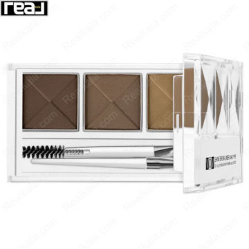 پالت سه رنگ سایه ابرو VOV با سه پن مربع در طیف قهوه‌ای تیره تا روشن داخل قاب سفید به همراه برس دوطرفه