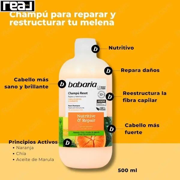 شامپو بازسازی‌کننده و مغذی باباریا مدل Nutritive & Repair، حاوی روغن مارولا، چیا و عصاره پرتقال، ترمیم‌کننده موهای خشک و آسیب‌دیده، 500ml