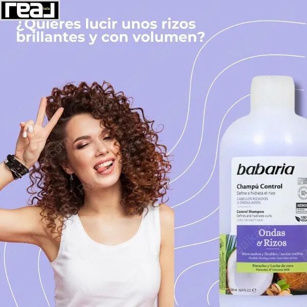 شامپو کنترل‌کننده موهای فر و مجعد باباریا مدل Ondas & Rizos، ایجاد فرهای درخشان و حجیم، حاوی پسته و شیر نارگیل، وگان