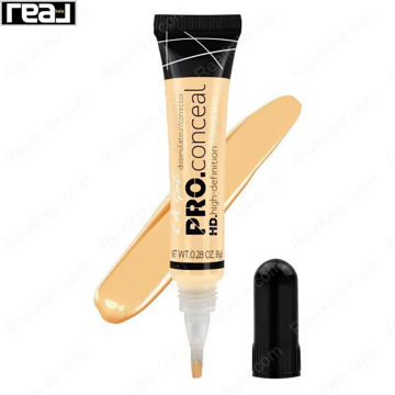 کانسیلر ال‌ای گرل PRO.Conceal HD مدل GC991 Yellow با تیوب کرم‑زرد، اپلیکاتور براشی و نمونه بافت کرمی روی پس‌زمینه سفید