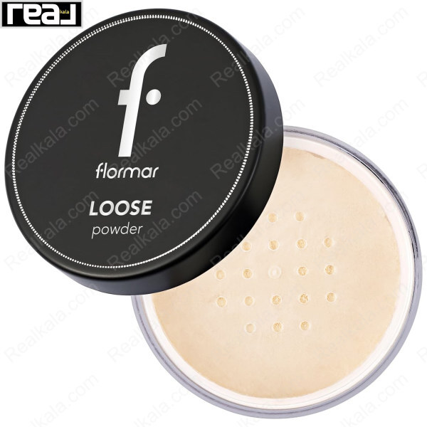 پودر فیکس شل Flormar Loose Powder 01 Pale Sand با درب مشکی و پودر روشن داخل ظرف