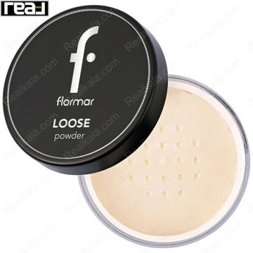 پودر فیکس شل Flormar Loose Powder 01 Pale Sand با درب مشکی و پودر روشن داخل ظرف