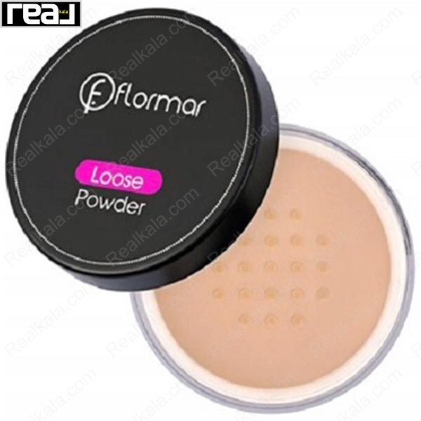 پودر فیکس شل Flormar Loose Powder 04 Beige Sand با درب مشکی و پودر بژ داخل ظرف