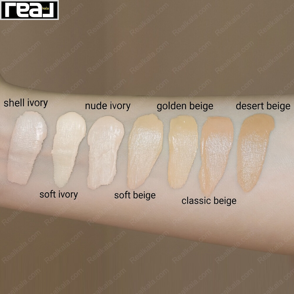 تست رنگ کرم پودر وت اند وایلد از Shell Ivory تا Desert Beige روی ساعد دست، مناسب انتخاب رنگ پوست روشن تا تیره	