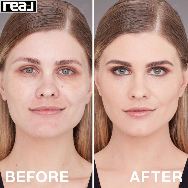 تصویر تبلیغاتی کرم پودر Maybelline Super Stay 24H با نمایش تفاوت جلوه پوست قبل و بعد از آرایش کامل صورت