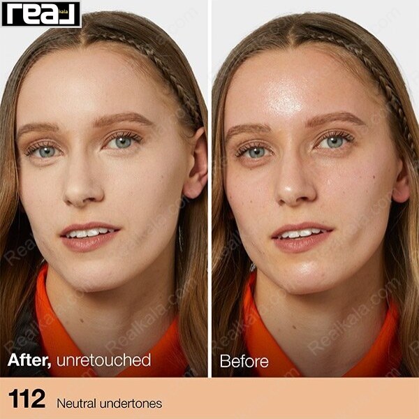 قبل و بعد استفاده از کرم پودر میبلین شماره 112 مدل Fit Me تیوپی روی پوست واقعی