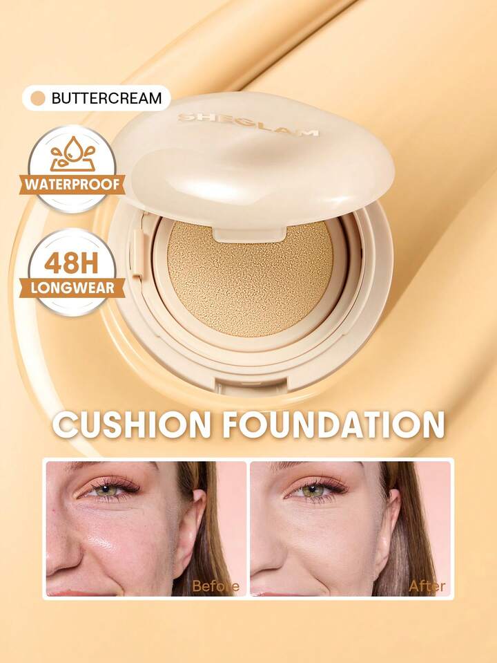 نمای قبل و بعد استفاده از کوشن شیگلم مدل Lock & Go 48H Waterproof رنگ Buttercream روی پوست