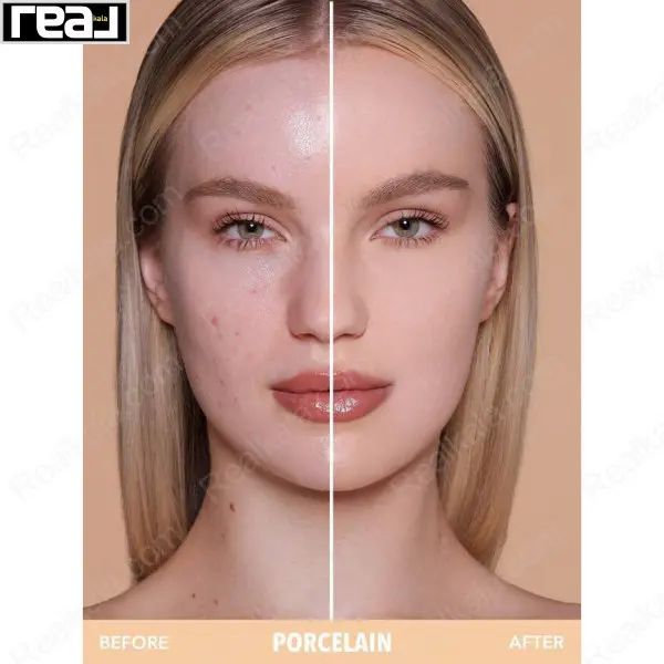 نمای قبل و بعد تست رنگ پنکک شیگلم مدل Skin Focus رنگ Porcelain روی پوست
