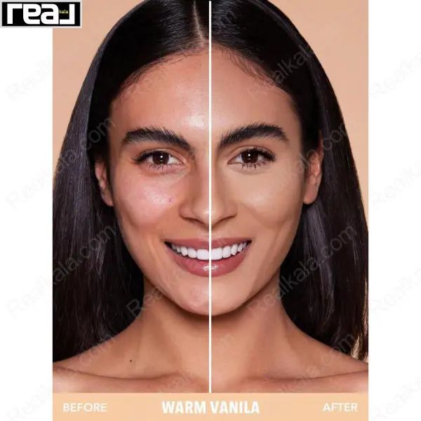 نمای قبل و بعد تست رنگ پنکک شیگلم مدل Skin Focus رنگ Warm Vanila روی پوست