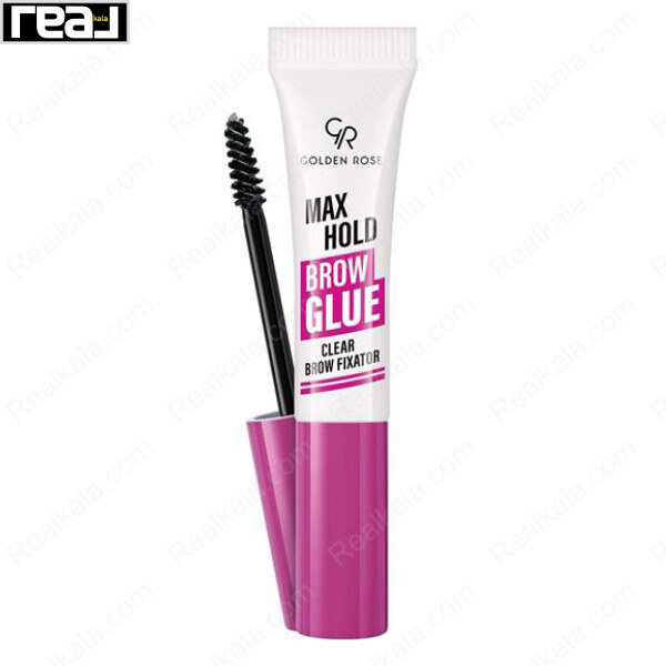 نمای نزدیک برس چسب ابرو گلدن رز مدل MAX HOLD با درپوش صورتی و بافت شفاف