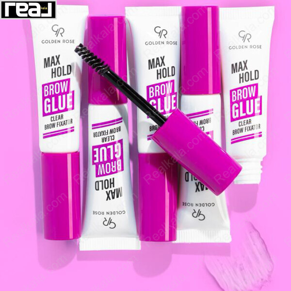 چینش چندتایی چسب ابرو گلدن رز مدل MAX HOLD با درپوش صورتی و بافت محصول