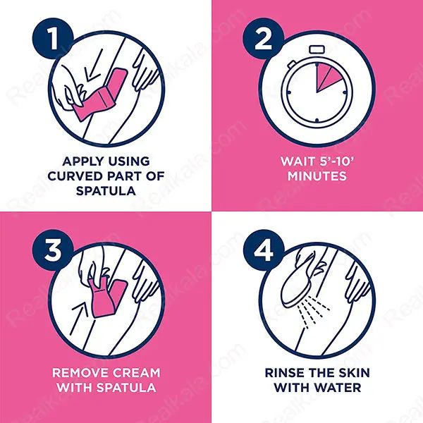 راهنمای استفاده از کرم موبر Veet پوست حساس شامل اعمال کرم، انتظار، پاکسازی و شستشو