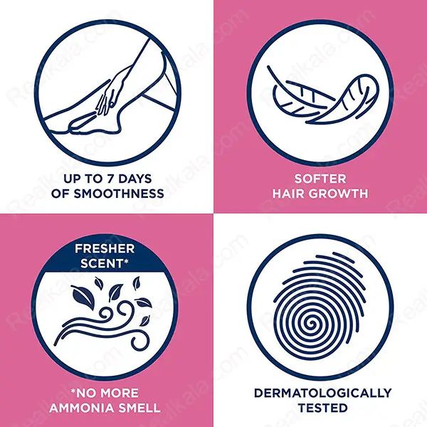 مزایای کرم موبر Veet پوست نرمال شامل نرمی تا 7 روز، رشد نرم تر مو، رایحه تازه و تایید درماتولوژی