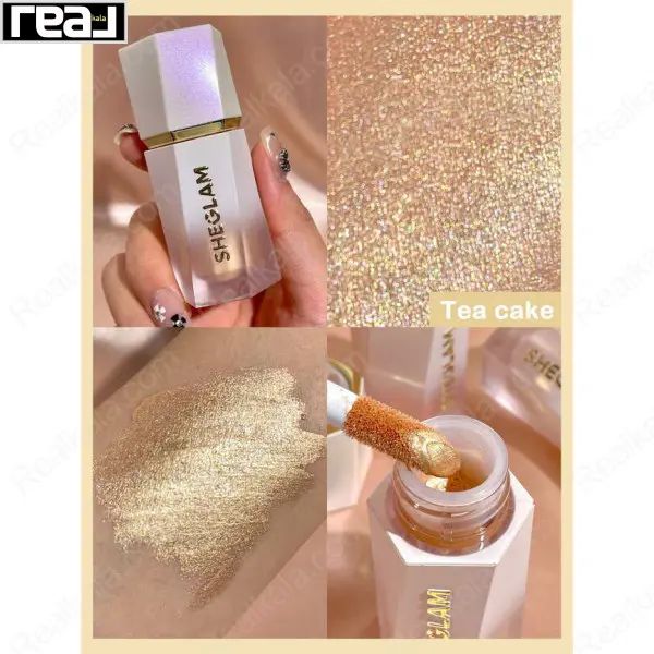 نمای افکت طلایی هایلایتر مایع Sheglam رنگ Tea Cake روی پوست با بافت براق و شاین طبیعی