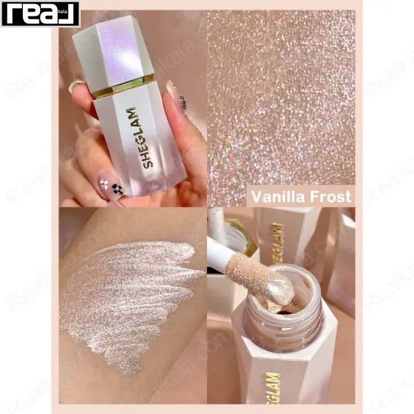 نمای افکت مرواریدی هایلایتر مایع Sheglam رنگ Vanilla Frost روی پوست با درخشش یخی و لطیف