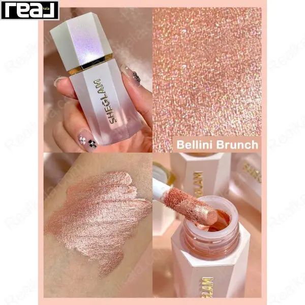نمای افکت رز گلد هایلایتر مایع Sheglam رنگ Bellini Brunch روی پوست با بافت شاین دار و هلویی