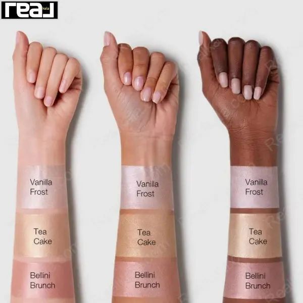 تست روی دست هایلایتر مایع شیگلم رنگ Tea Cake با سه تن مختلف پوست