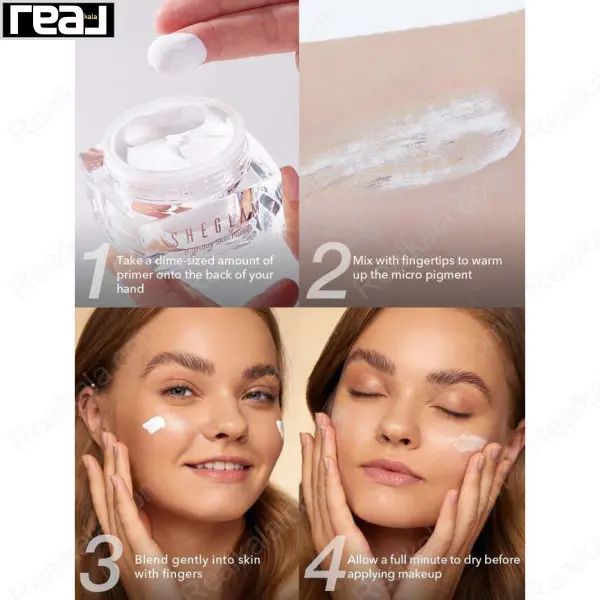 مراحل استفاده از پرایمر شیگلم Birthday Skin شامل برداشتن، ماساژ دادن و خشک شدن روی پوست