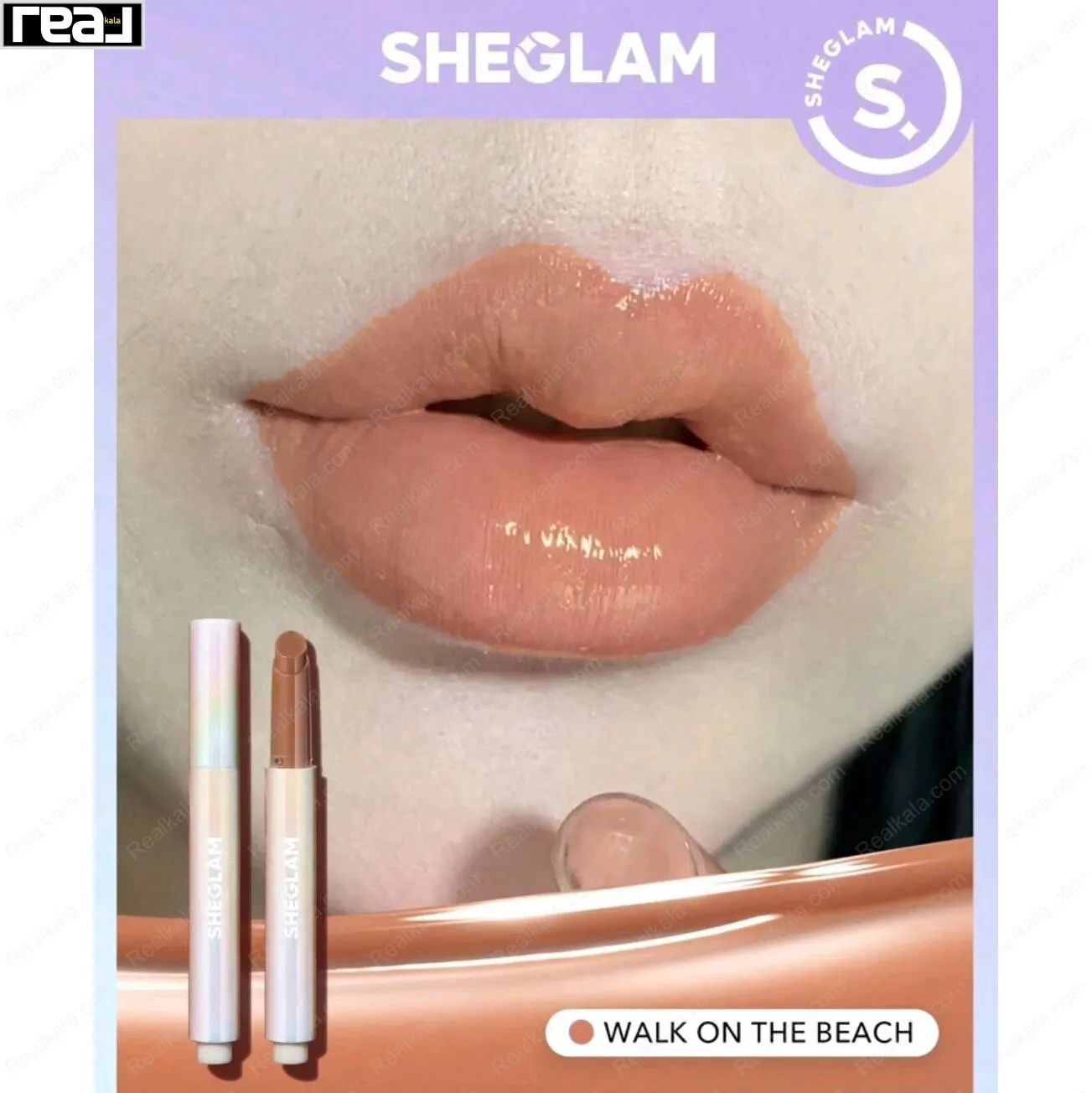 تست رنگ لیپ پلامپر SHEGLAM مدل Walk On The Beach روی لب با جلوه نود هلویی براق