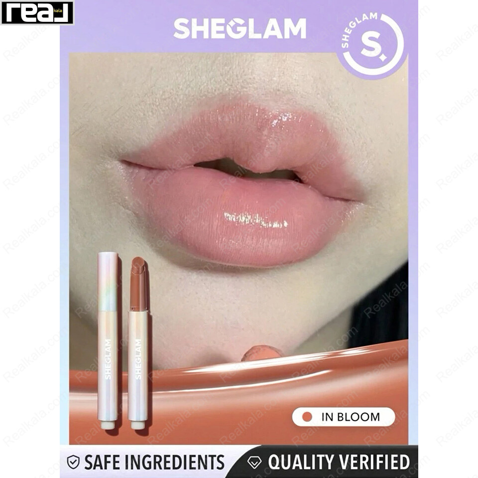 تست رنگ لیپ پلامپر SHEGLAM مدل In Bloom روی لب با جلوه صورتی هلویی براق