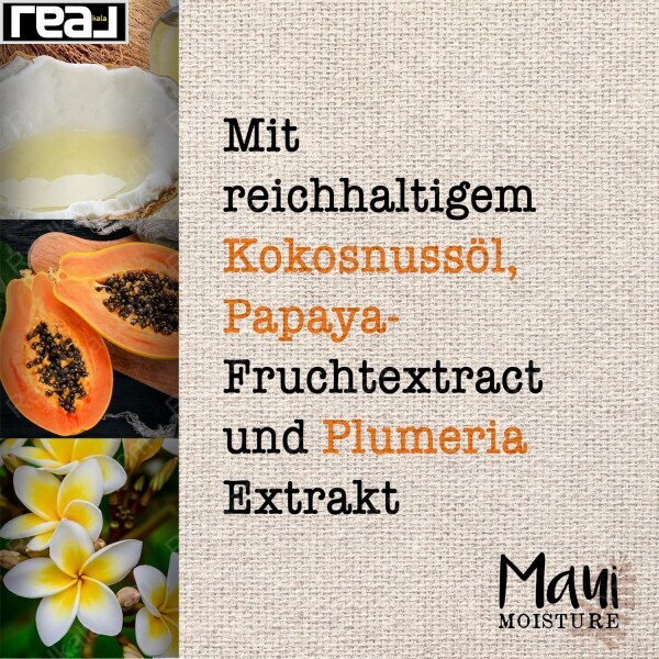 کلاژ تصویری از نارگیل، پاپایا، گل پلومریا و بافت طبیعی برای معرفی ترکیبات