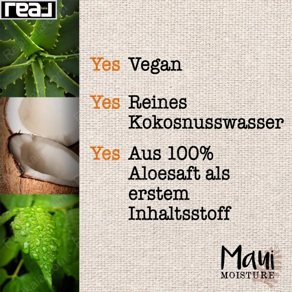 تصویر آلوئه ورا، نارگیل و برگ سبز با تاکید بر وگان بودن و استفاده از آب نارگیل