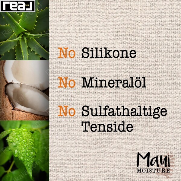 تصویر برگ سبز با قطرات آب و متن بدون سیلیکون، بدون سولفات، بدون روغن معدنی