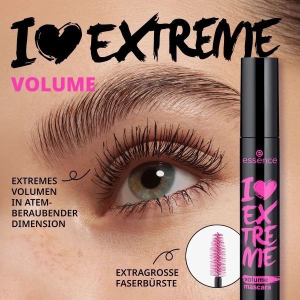 تبلیغ ریمل Essence مدل I Love EXTREME Volume با برس بزرگ و شعار حجم نفس‌گیر 