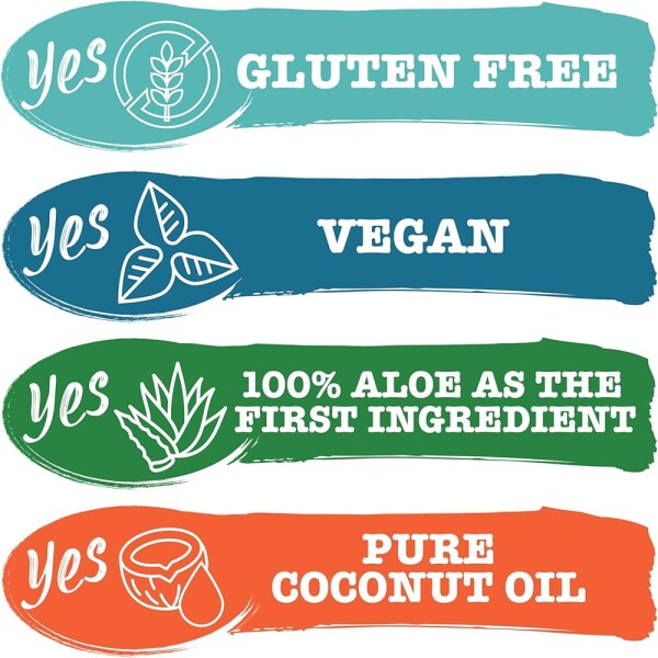 لیبل‌های رنگی شامل وگان، فاقد گلوتن، آلوئه‌ورا به‌عنوان ترکیب اول و روغن نارگیل خالص