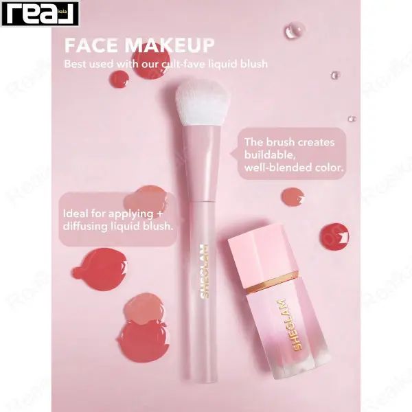 براش سفید و رژگونه مایع Sheglam با پس‌زمینه صورتی و سواچ‌های رنگی	