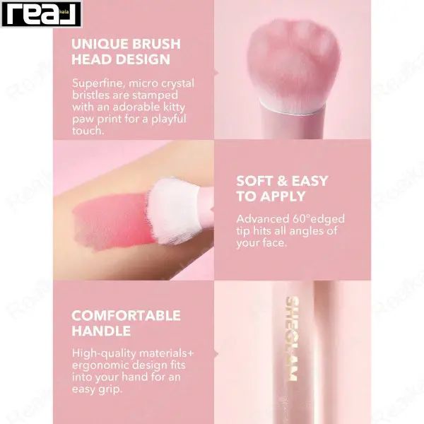 ویژگی‌های براش شامل طراحی زاویه‌دار، الیاف نرم، شکل پنجه گربه و دسته ارگونومیک