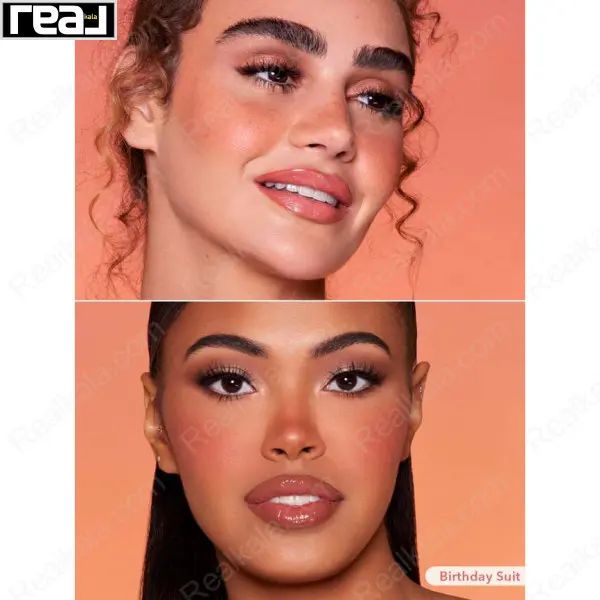 دو مدل با آرایش کامل و رژگونه Birthday Suit روی گونه‌ها با پس‌زمینه گرم