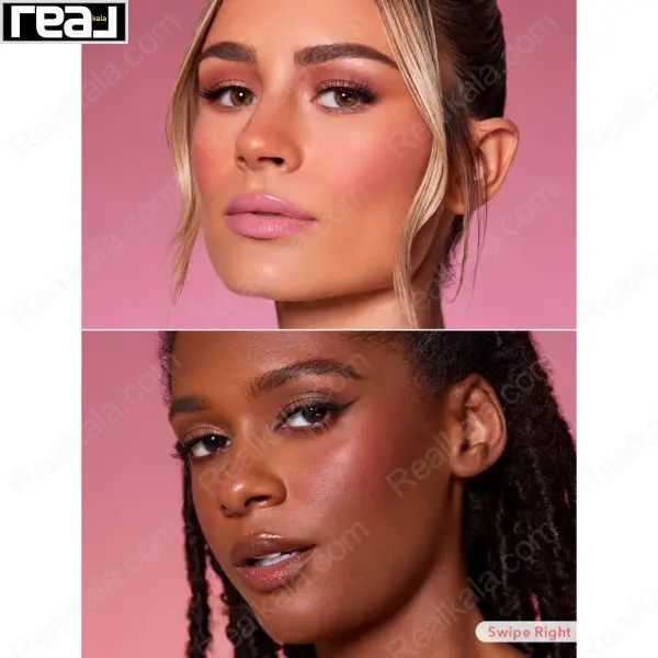 دو مدل با آرایش کامل و رژگونه Swipe Right روی گونه‌ها با پس‌زمینه صورتی نود گرم