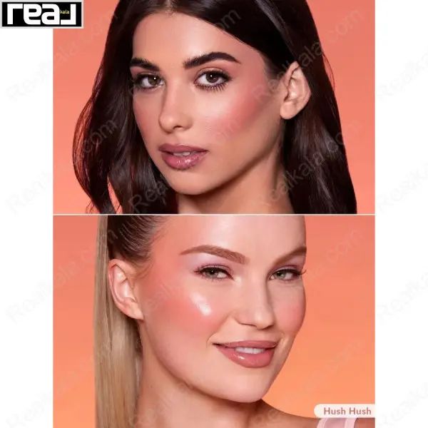 دو مدل با آرایش کامل و رژگونه Hush Hush روی گونه‌ها با پس‌زمینه گرم